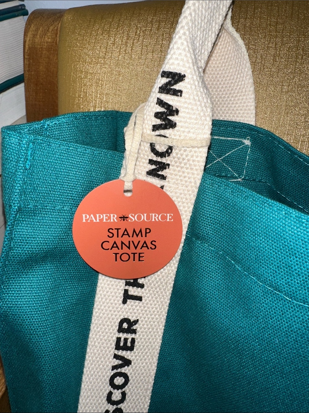 PAPER SOURCE teal ivory multi DISCOVER THE UNKNOWN CANVAS STAMP TOTE - Picture 10 of 11